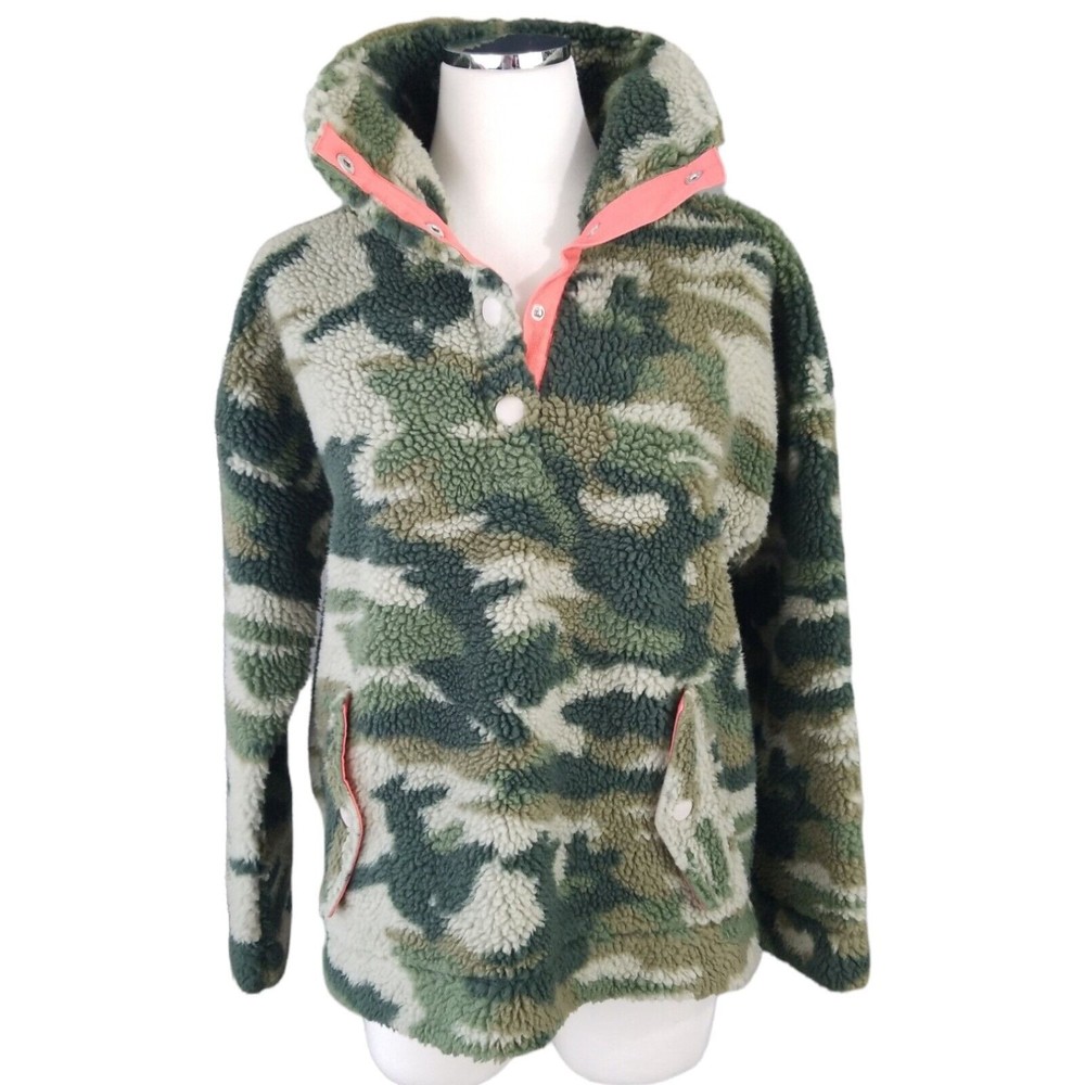J.CREW Sherpa Fleece Snap Pullover Jacket Camo Green Neon Coral Trim Small Teddy